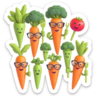 funny icon for archived groceries, group of old vegetables carrot broccoli tomato with canes and glasses, playful faces, 3D emoji style, white background sticker