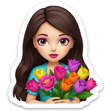  pretty bratz doll with makeup , long dark brown hair holding big bouquet of flowers  sticker