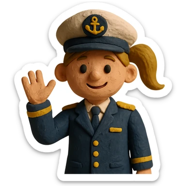 girl with dirty blonde ponytail, cruise captain uniform, waving at the camera sticker