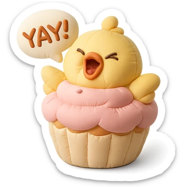 chick in cupcake costume shouting “Yay!”, cushion style sticker