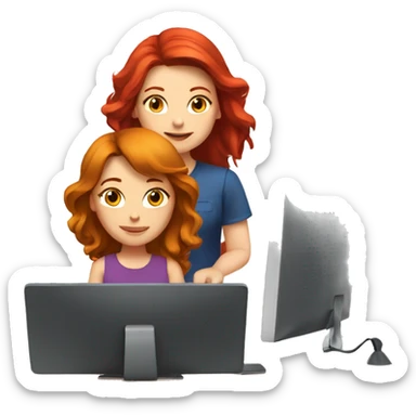 A red-haired girl and a brunette are sitting at the computer sticker