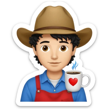 Ranch hand with blue hat and coffee mug, curly black hair, red shirt sticker