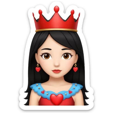 A girl wearing a crown with hearts on the crown and her hair is black with brown eyes and a black and red heart dress sticker