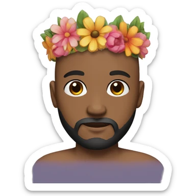 bald man with black beard and brown eyes and default skin with a colorful flowercrown on his head sticker