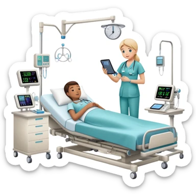 Hospital sleep laboratory room with patient in hospital bed connected to sleep monitoring equipment, nurse checking vitals, medical charts, and hospital IV stand sticker