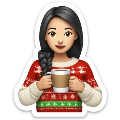 asian girl drinking coffee wearing Christmas sweater sticker