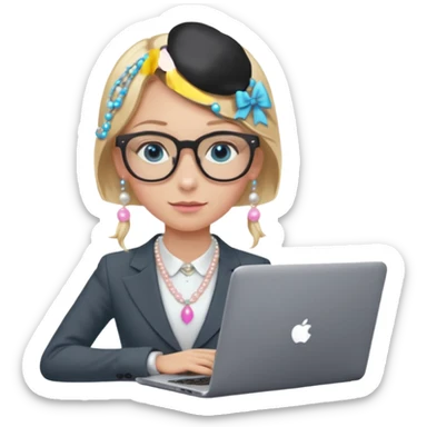 Please take the girl with laptop emoji and make her glassess light brown, her eyes ocean blue and her nose a bit smaller and pointier and she has blonde very long hair and a dark grey suit and pearls necklace, and has a laptop in fron of her and a tiny pink bow on the left side of her head sticker