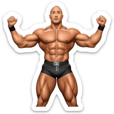 Dwayne 'The Rock' Johnson on stage at the Mr. Universe bodybuilding competition, covered in oil, flexing his powerful muscles. His physique shines under bright stage lights, showcasing his strength and dedication. The audience and judges are blurred in the background. Transparent background. sticker