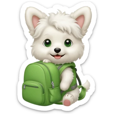 baby white dog wear green backpack sticker