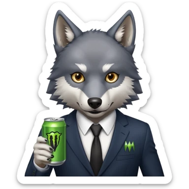 wolf in business suit, holding one monster energy can, with brown eyes  sticker