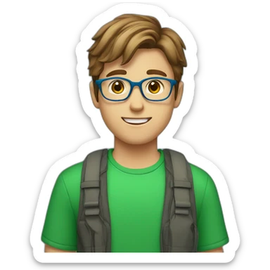 A boy with brown hairs with green eyes with blue eyeglasses with a red shirt sticker