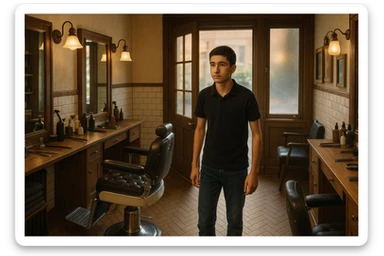 Shu odamni sartaroshxonaga kirib kelayapti  o'smirin davri rakurs ichkaridan sartaroshxona eski ham yangi ham emas bolani juda semiz qilib yuborma  u ozg'inroq bo'lsin huddi sartaroshxonani  hammadan oldin kelib ochsin sticker