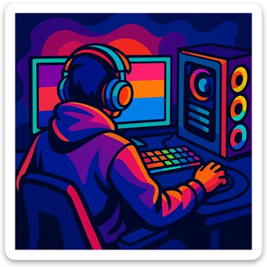 gamer with hoodie seen from behind, sitting at a gaming PC, colorful RGB lights, stylized illustration, vibrant colors sticker