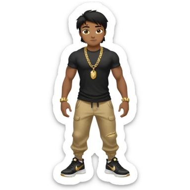 full body view of muscular teen boy with veiny hands arms and biceps. has messy black hair with dark-tan skintone with black tshirt. has gold chain and nike shoes with baggy pants sticker