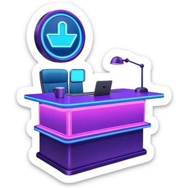 news anchor desk with neon glow effect, blue neon glow on top left, purple neon glow on bottom right sticker