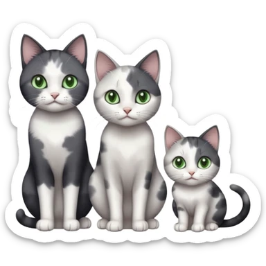 3 different coloured small cats including a dark grey and white, and a patchy calico and a completely solid dark grey with green eyes and only white paws sticker