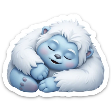 Meme-Worthy Cute Sleeping Yeti Portrait Emoji, with a charming, fluffy, snow-dusted figure in gentle whites and cool blues, head resting in blissful, serene slumber with closed, peaceful eyes and a small, contented smile, simplified yet irresistibly adorable, highly detailed with a soft frosty outline that captures the tender drowsiness of a yeti drifting into snowy dreams! sticker