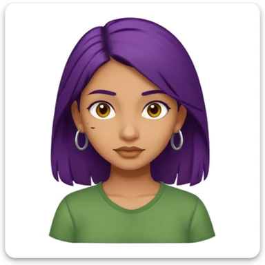 Give me an emoji : a tan skinned indian girl, medium deep purple hair with a green shirt sticker