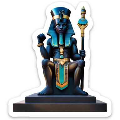 Osiris crook and flail obsidian statue on granite 30 ton brick, massive size, sunlight behind, sunset colors, reflections on black stone polished clean perfect, photography angles sticker