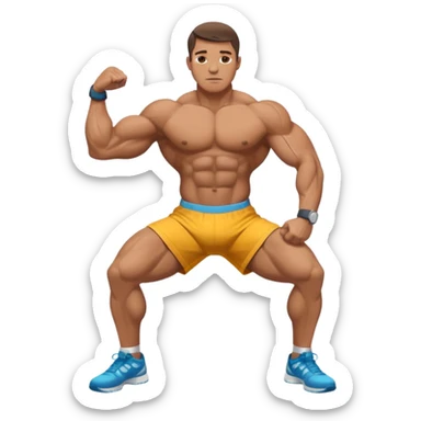 A bodybuilder doing a side lunge and flexing his biceps his kneels more down sticker