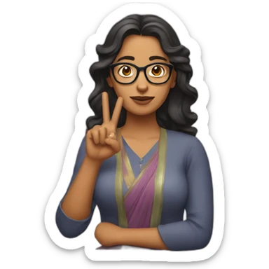 Indian woman with medium long wavy hair wearing glasses, showing one hand with crossed fingers sticker
