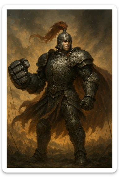 Alexandr Iron Fist, armored warrior with an iron fist, bold stance, fantasy illustration sticker