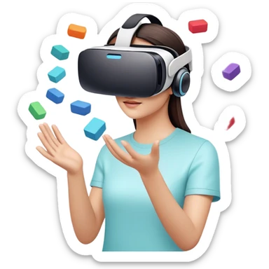 humanless emoji for the creation of VR/AR technology. Show a designer's hands holding a VR headset or AR glasses, with floating 3D models or virtual objects being manipulated in the air. Use modern, tech-inspired colors. Do not include any emojis or smiley faces. Make the background transparent. sticker