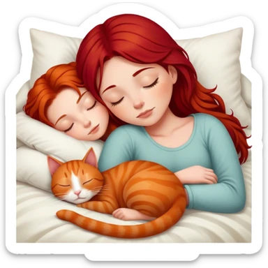 White girl deep red hair sleeping with ginger kitty sticker