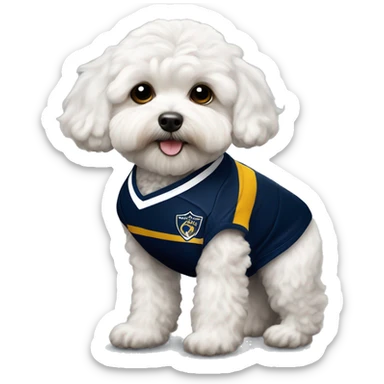 White Maltipoo wearing a LA Galaxy soccer jersey sticker
