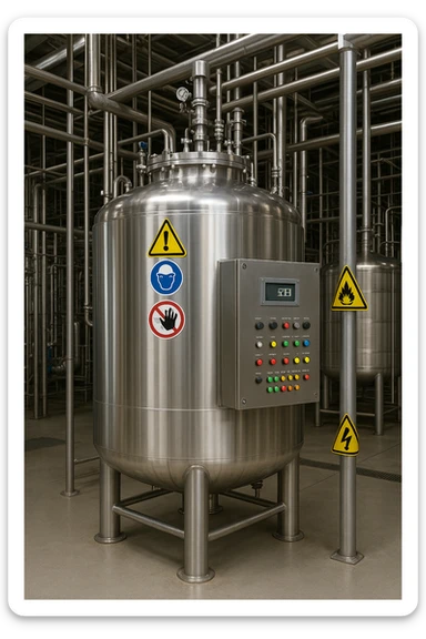 a massive biofermentor, stainless steel, with control panel and safety signs, industrial background sticker