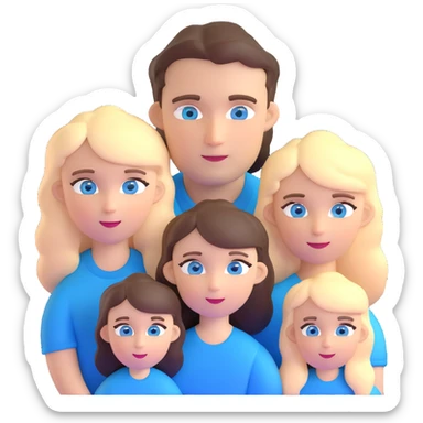 Family portrait with father with dark brown hair and blue eyes, mother with light brown hair and blue eyes, three blonde little girls with blue eyes sticker