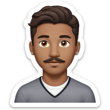 Young man with medium brown skin, mixed-race ethnicity, much longer wavy dark brown hair with a PERFECTLY CENTERED hair part that aligns EXACTLY with the middle of the face, mustache separated from goatee, medium brown eyes, very small diamond stud earrings in both ears, head only with absolutely no shoulders or torso sticker