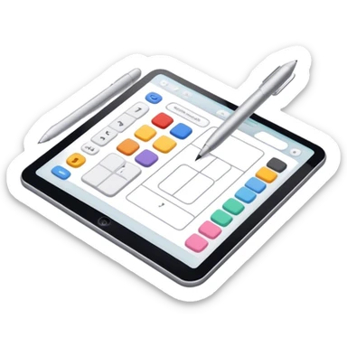 "Create an emoji for UX/UI design. Show a wireframe or user interface design with buttons, icons, and text fields. Include design tools like a cursor or stylus. Use modern, professional colors. Do not include any emojis or smiley faces. Make the background transparent. sticker