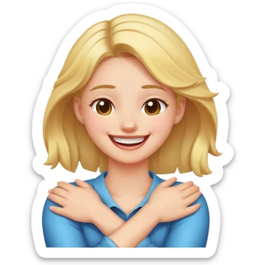 Girl laughing with crossed arms hold on to neck￼￼ sticker