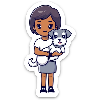 Black girl with short bangs holding a white schnauzer dog sticker