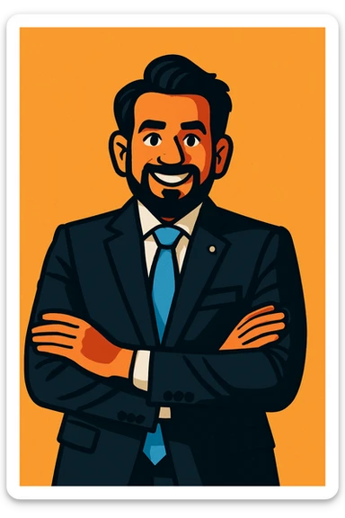 Turn this man in a suit and tie into a vibrant toon style illustration with bold colors, energetic expression, and simple background. sticker