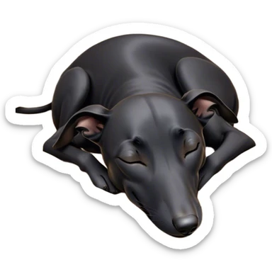 Meme-Worthy Cute Sleeping Black Greyhound Portrait Emoji, Head resting peacefully with a contented smile, showcasing a delightfully slender build and a luxuriously smooth black Fur, eyes shut in a serene nap, Simplified yet hilariously adorable features, highly detailed, glowing with a soft, drowsy light, high shine, relaxed and utterly lovable, stylized with an air of playful laziness, bright and heartwarming, soft glowing outline, capturing the essence of a comically sleepy racer, so meme-worthy it feels like it could instantly become the next viral sensation of adorable slumber! sticker