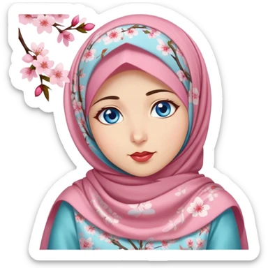 Turkish beautiful finish Konya girl blue eyes with cherry blossom floral hijab islamic dress and with yummy Drooling face on the table sticker