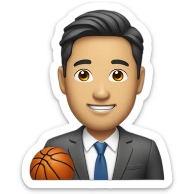 asian man in a suit holding a basketball shoe sticker