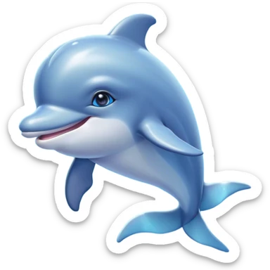Cinematic Cute Dolphin Portrait Emoji, Head tilted playfully and inquisitively, featuring a smooth, streamlined body with shimmering, silvery-blue skin and round, sparkling eyes full of playful charm, Simplified yet irresistibly adorable features, highly detailed, glowing with a warm, friendly oceanic glow, high shine, affectionate and lively, stylized with a touch of aquatic whimsy, soft glowing outline, capturing the essence of a mischievous yet loving dolphin that appears as if it could splash out of the screen into your arms! sticker