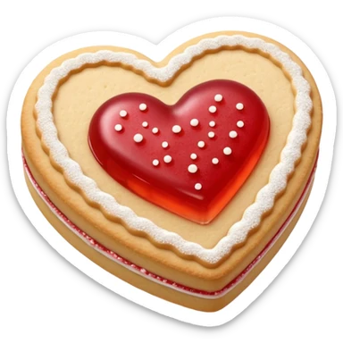 Realistic shortbread cookie in the shape of a heart with light red jelly middle filling and sprinkled powder sugar on top. sticker