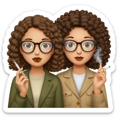 Two tan brunette girls, one with curly hair and glasses, the other with straight hair and no glasses, smoking weed sticker