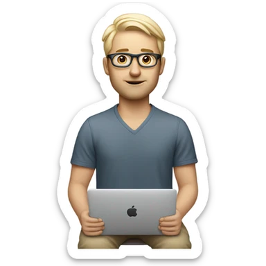 white-skinned product designer sitting with macbook sticker