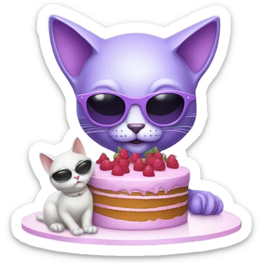 lilac alien with sunglasses making a cake with a cat sticker