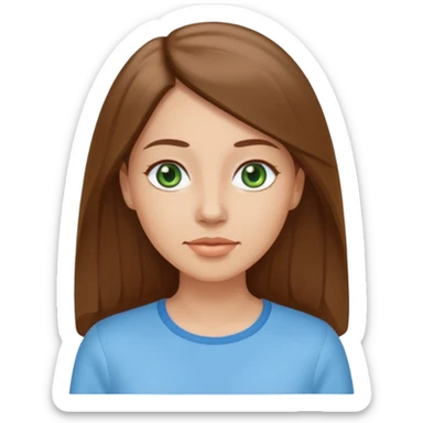 Adult woman avatar, light skin tone, oval face, straight long brown hair, green eyes, neutral mouth, sky blue top sticker