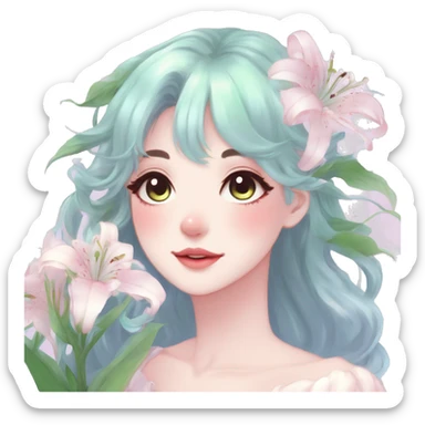 Gorgeous pastel anime style lady with blushing face and lilies cottagecore fairycore pastelcore colorful pearly romantic simplistic aesthetic trending style sticker