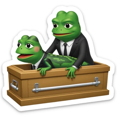 An empty coffin with "ECHO" inscribed on it, being nailed down shut by a Pepe the frog character. sticker