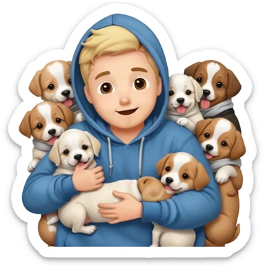 Cute dog lover boyfriend with soft smile, surrounded by puppies, wearing hoodie and jeans, one dog licking his face sticker