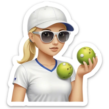 Woman with blond hair in a ponytail wearing a white baseball cap and sunglasses holding one pickleball and nothing else sticker