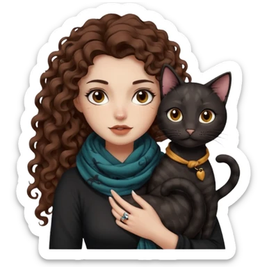 bust woman long curly brown hair brown eyes white skin tattoos with black cat wrapped around shoulders like scarf sticker